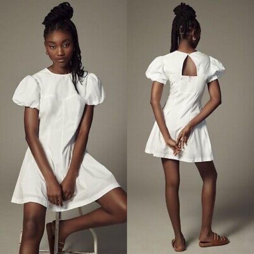Anthropologie Maeve Puff-Sleeve White Pleated Dress Sz L NWT